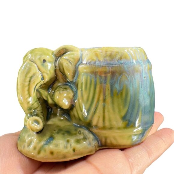 Vintage Majolica Style Pottery Green Elephant Vase Planter Drip Glaze Ceramic - Picture 2 of 15